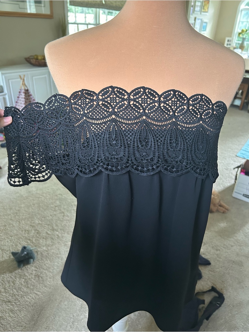 Wayf Black Off-the-Shoulder Crochet Trim Camisole